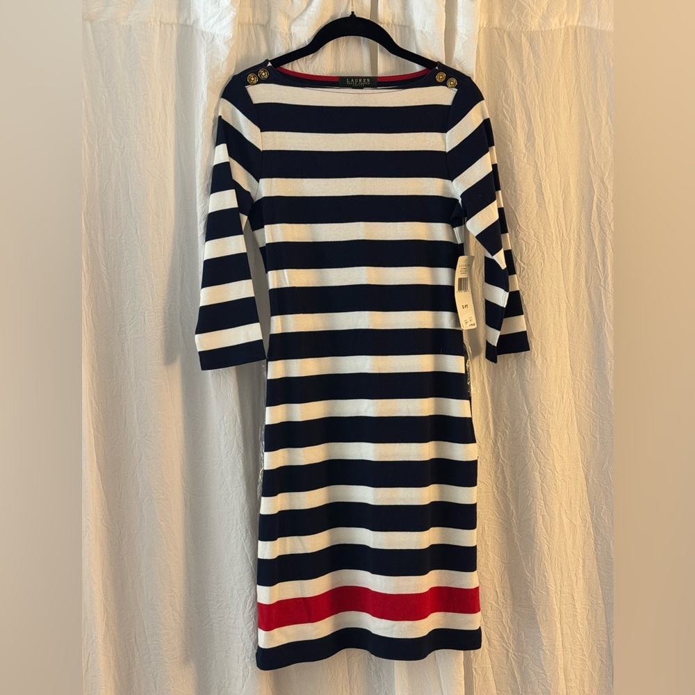 🆕 Ralph Lauren | Navy and White Striped Dress with Red Accent